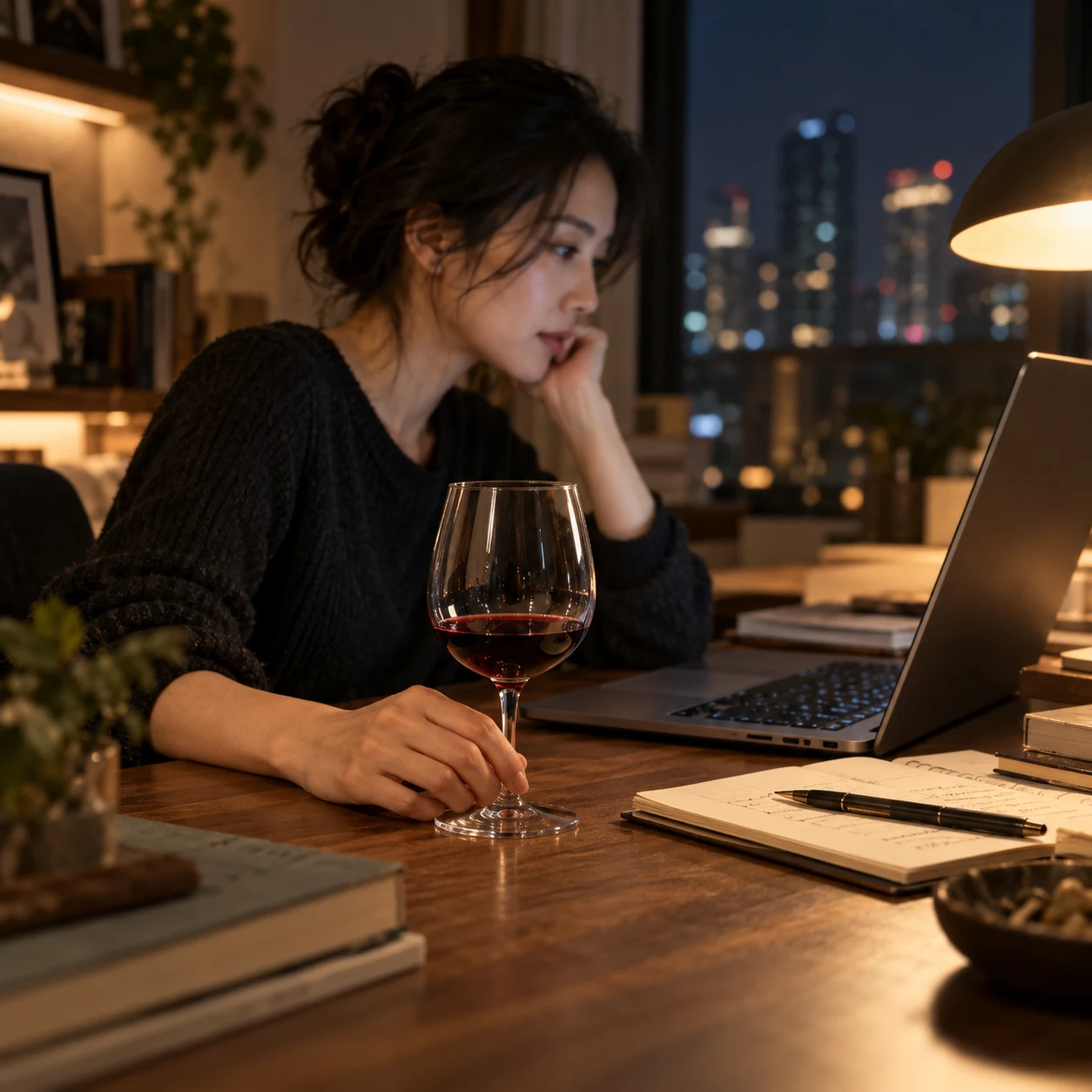 夜晚的居家书桌，一位成年人在电脑旁独享一杯葡萄酒